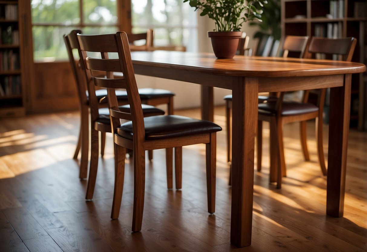A table, chair, and bookshelf made of warm, rich wood. Grain and knots add character. Consider scale, finish, and placement for visual interest