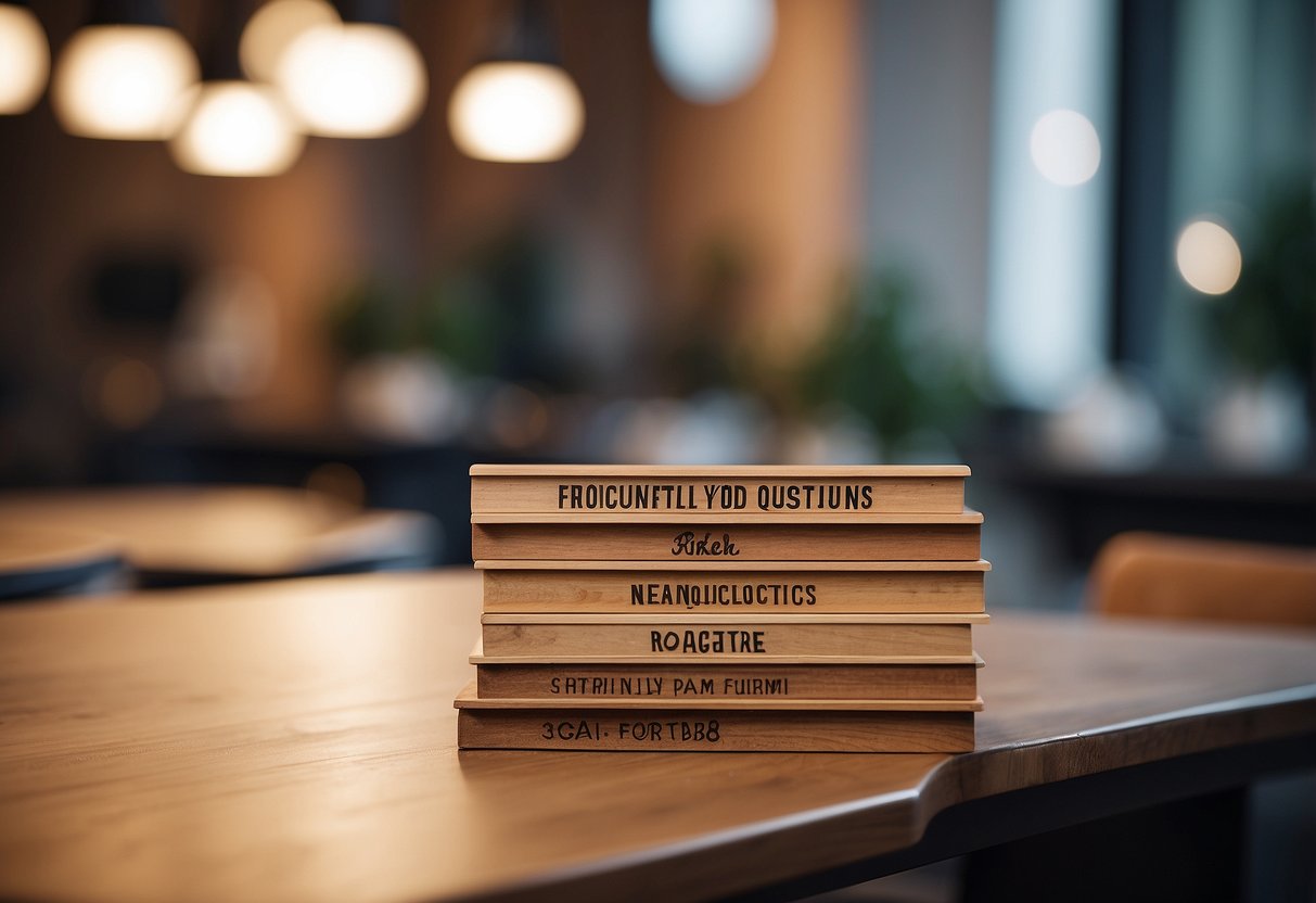 A stack of common furniture wood with a sign reading "Frequently Asked Questions" next to it