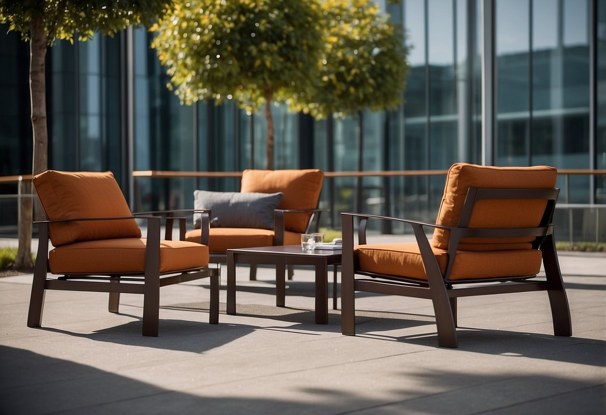 A modern outdoor setting with corten steel furniture in a sleek urban environment