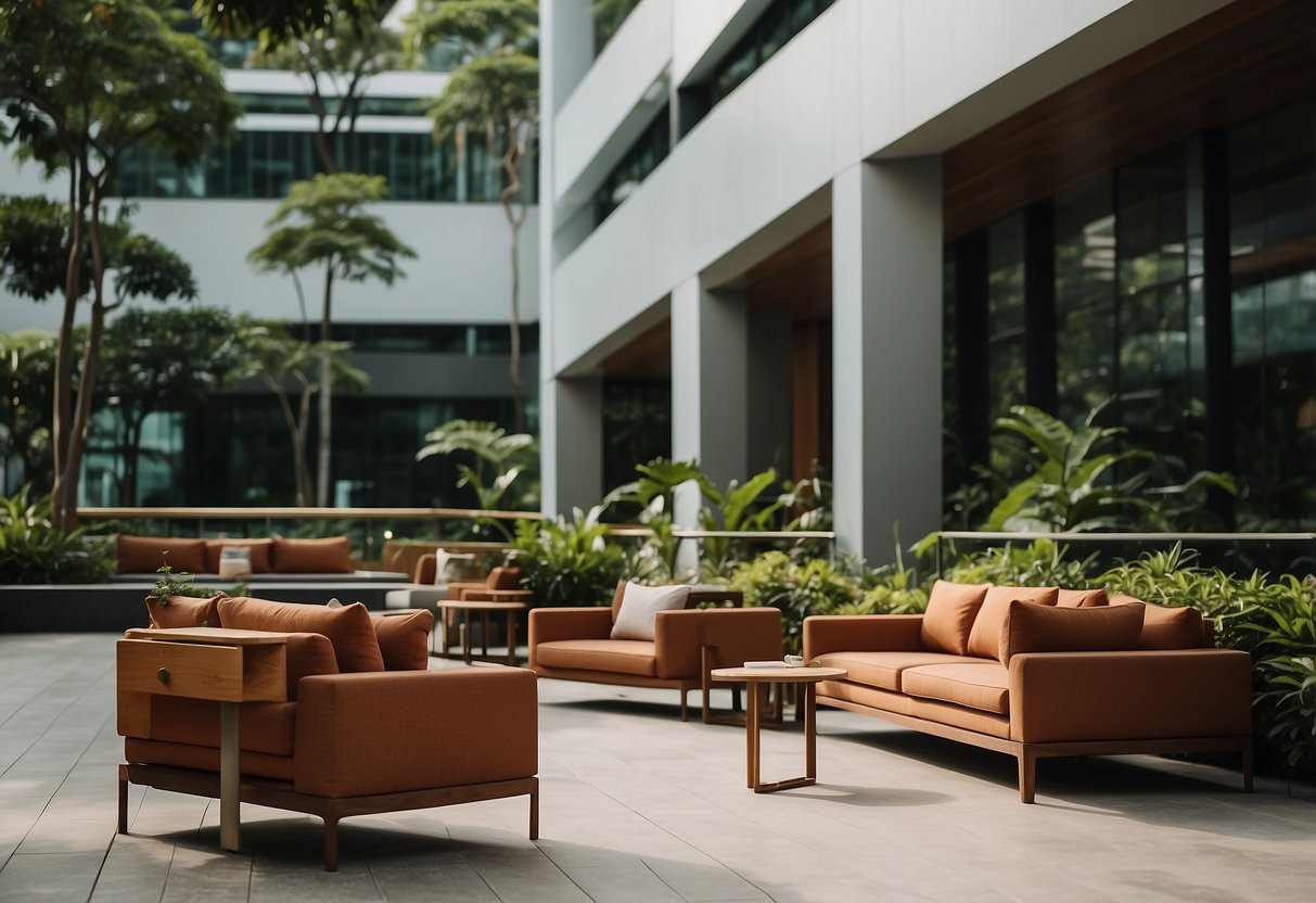 A modern outdoor setting in Singapore showcases corten furniture amidst lush greenery and sleek architecture