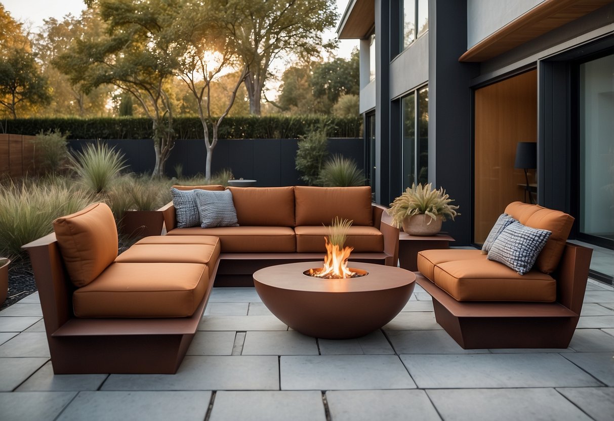 A modern outdoor setting with corten furniture, showcasing sleek designs and expert craftsmanship. The furniture is placed in a stylish and inviting environment, highlighting the quality and durability of the corten material