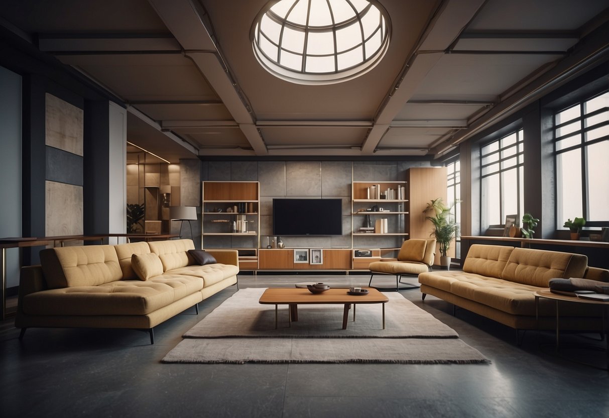 A room with angular, fragmented furniture arranged in a disjointed manner, creating a sense of disorientation and abstraction