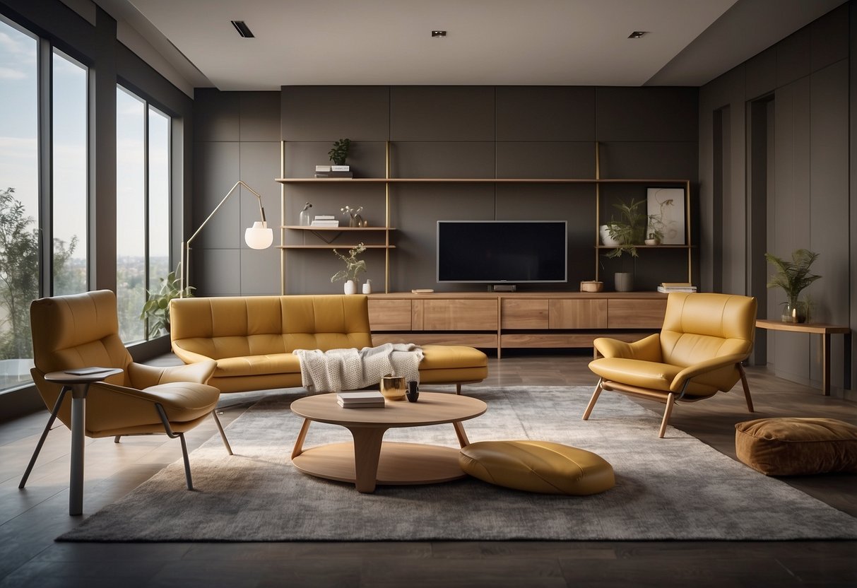 A room with angular, fragmented furniture pieces arranged in a non-linear fashion, showcasing multiple perspectives simultaneously