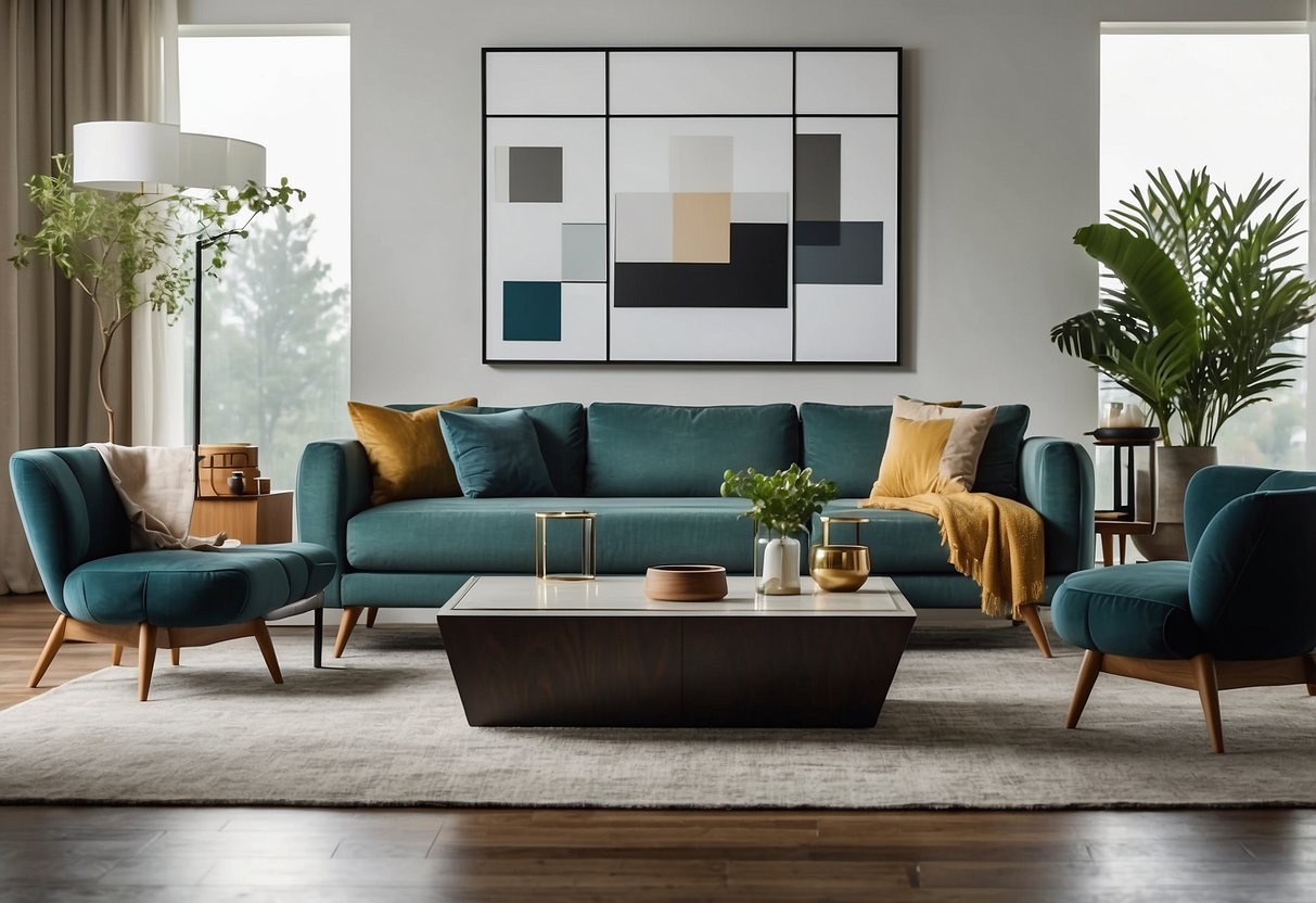 Cubist furniture arranged in a modern living room with clean lines and bold geometric shapes. The room is filled with natural light and minimalist decor