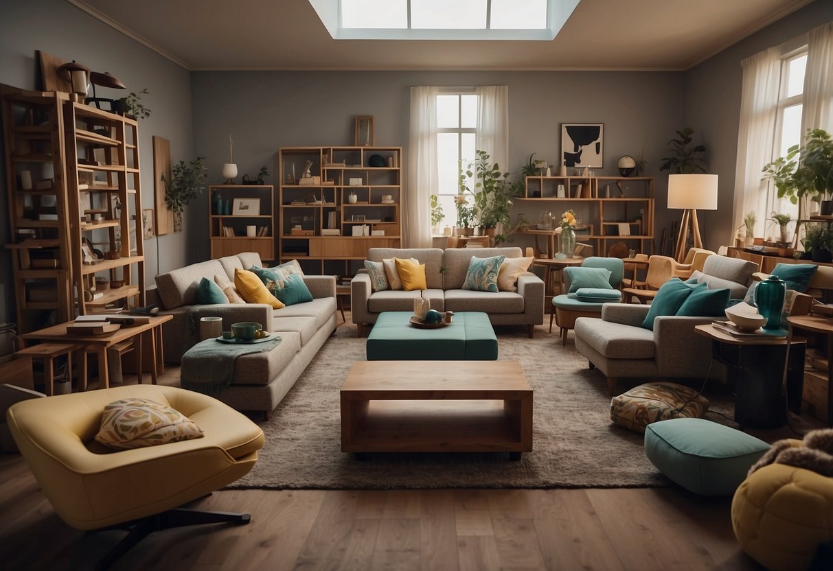A room filled with abstract, angular furniture pieces arranged in a chaotic yet organized manner. The furniture appears to be deconstructed and reassembled in a cubist style