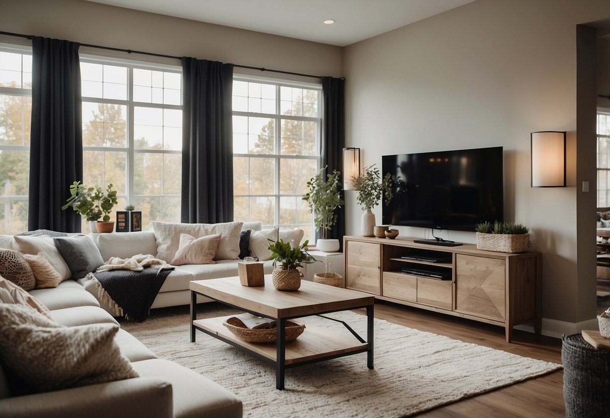 A cozy living room with a comfortable sofa, a stylish coffee table, and a sleek entertainment center. The room is filled with natural light and adorned with decorative throw pillows and elegant wall art