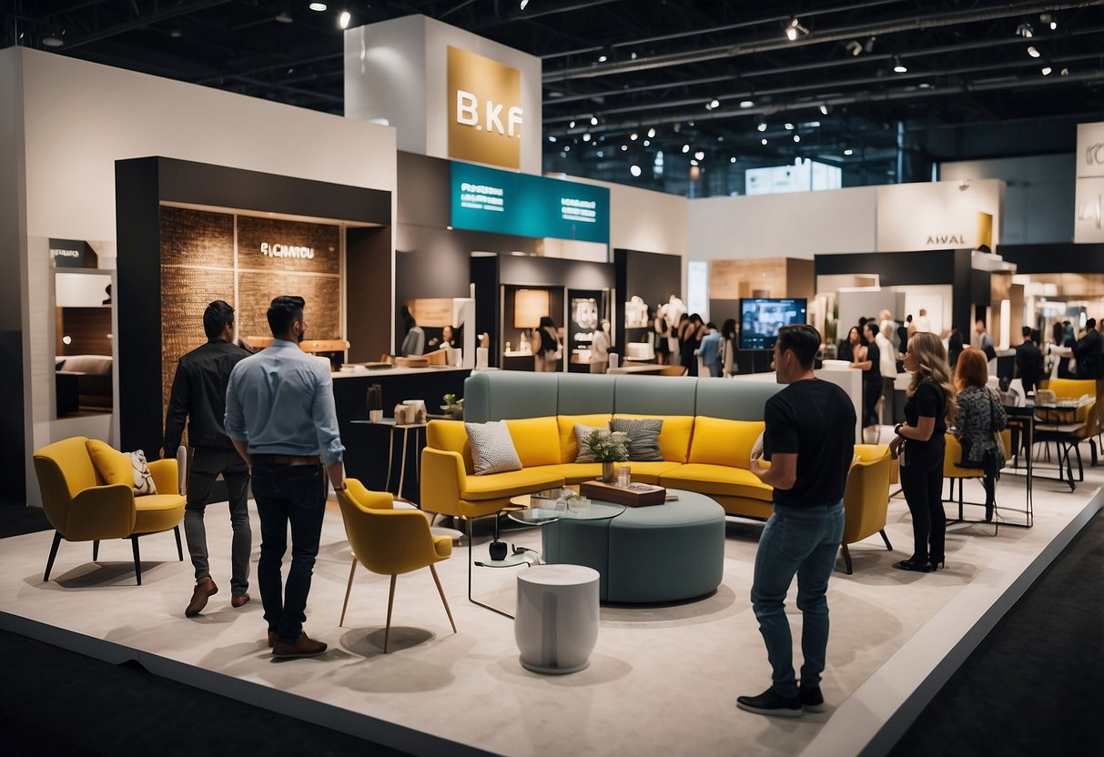 A bustling furniture fair with modern, sleek designs and vibrant colors. Rows of booths display innovative pieces while visitors explore the latest trends