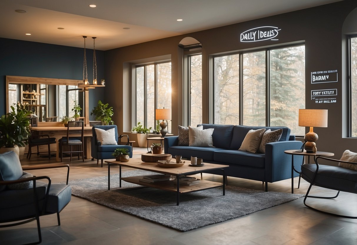 A room with modern furniture, a sign advertising "Daily Deals on Furniture," and a happy customer browsing the selection