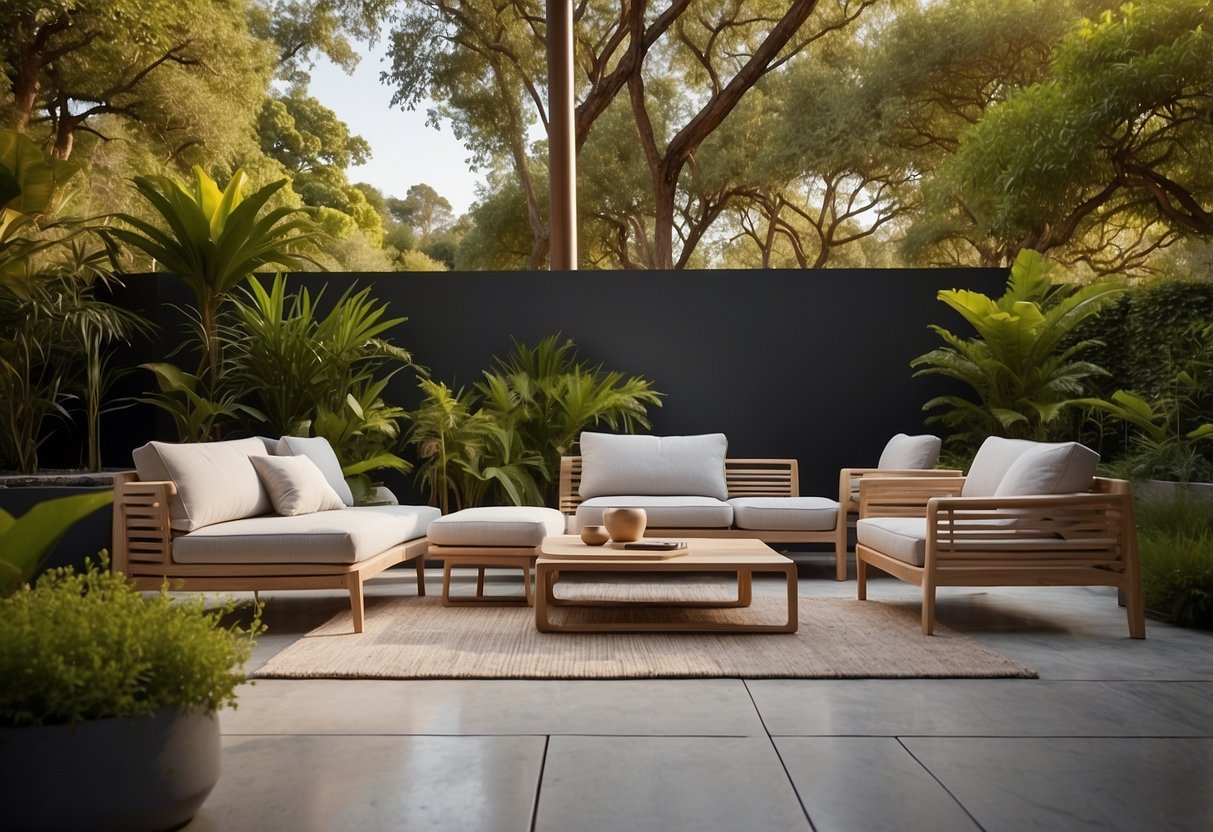 A modern outdoor setting with Urquiola furniture, featuring sleek lines and vibrant colors, set against a backdrop of lush greenery and natural elements
