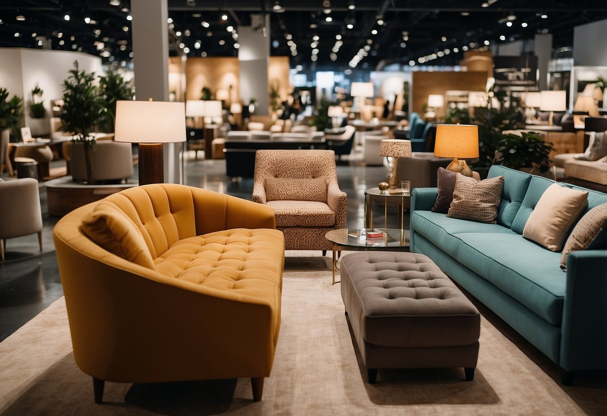 The bustling furniture fair showcases sleek modern designs and classic pieces, with vibrant displays of sofas, tables, and lighting fixtures