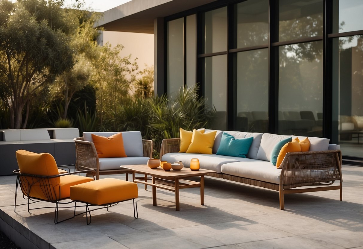 A modern outdoor setting with Urquiola's furniture, featuring sleek lines, vibrant colors, and innovative materials, creating a harmonious blend of functionality and aesthetics