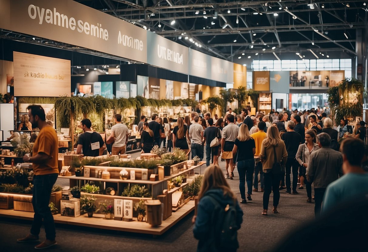 Crowds browse furniture displays at the 2019 fair, eager for deals and new purchases. Bright banners and bustling activity create a lively atmosphere