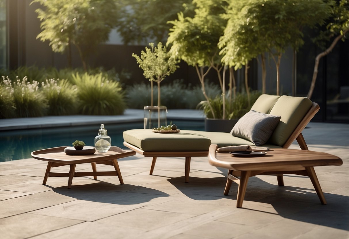 The Urquiola Collection: Sleek outdoor furniture arranged on a modern patio, surrounded by lush greenery and bathed in natural sunlight