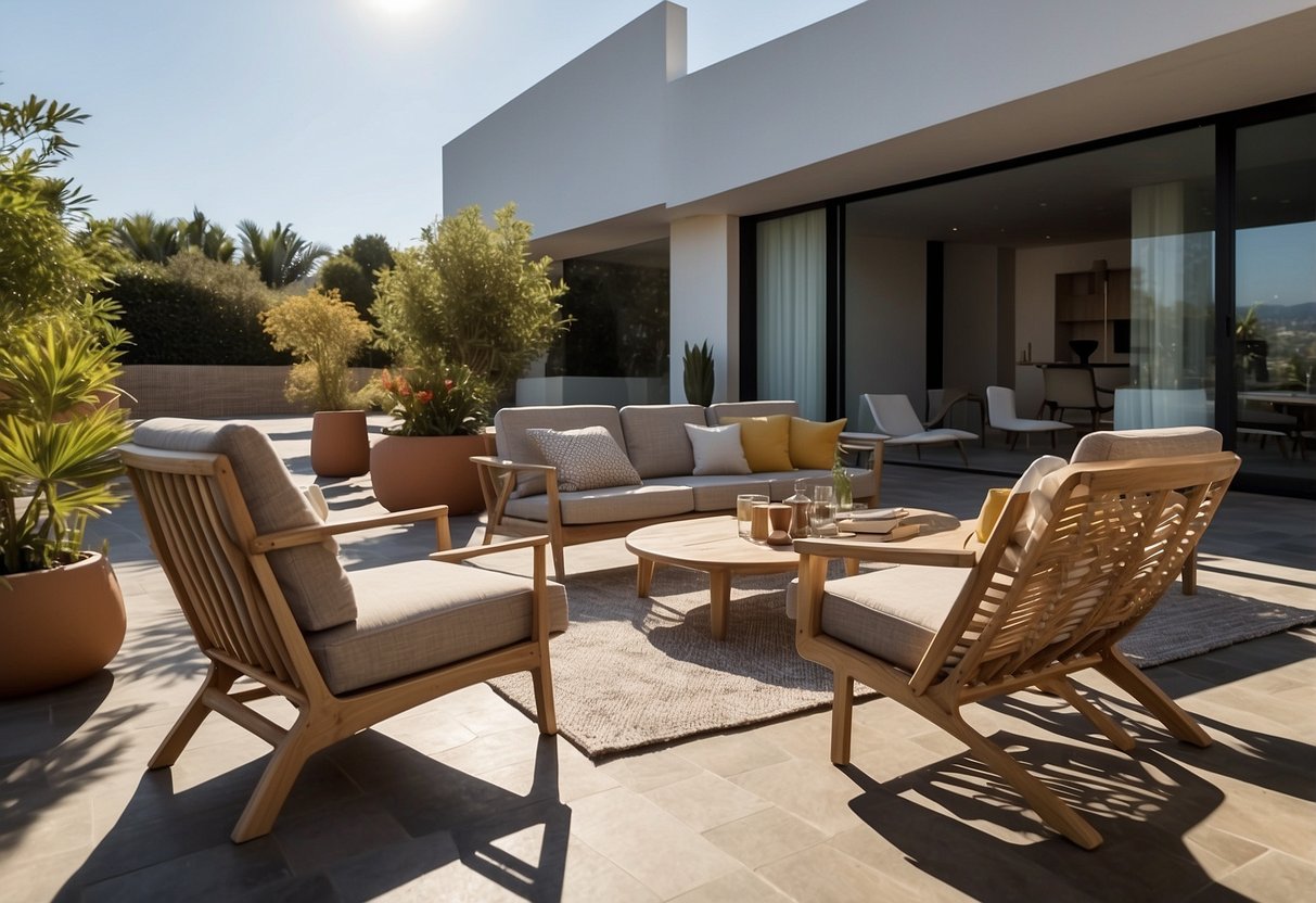 A sunny outdoor setting with modern, stylish furniture arranged in an inviting and functional layout. The furniture includes chairs, tables, and loungers designed by Urquiola