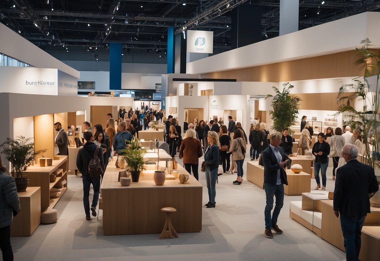 The bustling exhibition hall at the 2019 furniture fair, with vendors showcasing their latest designs and visitors browsing through the displays