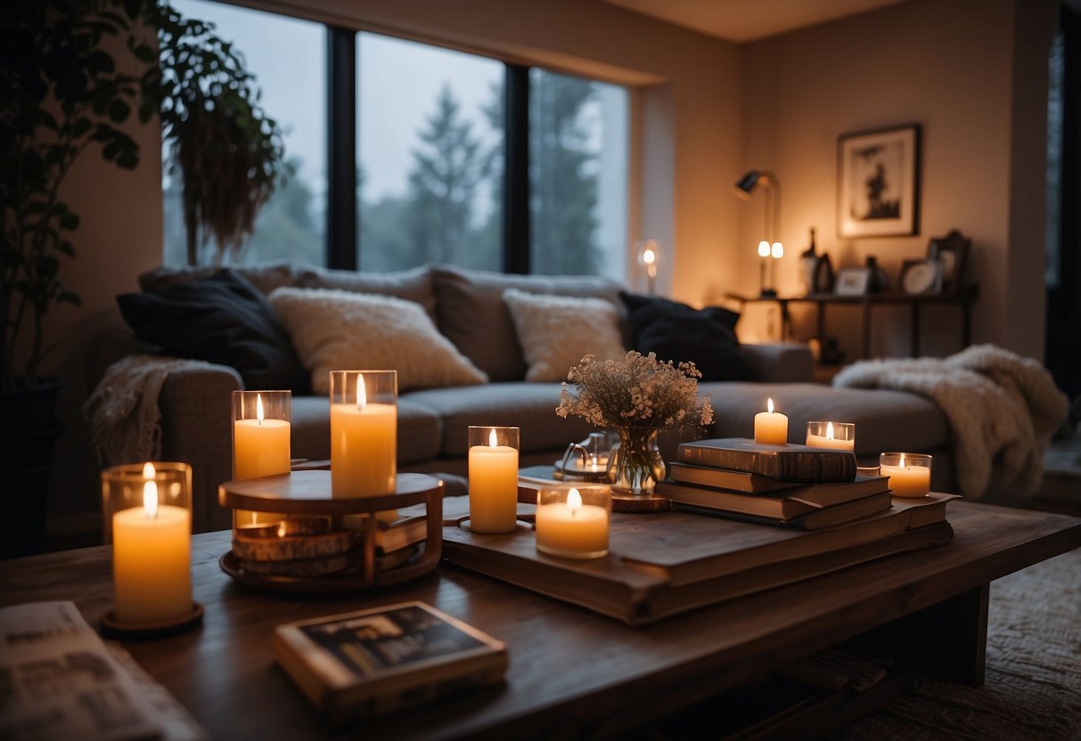 A warm, inviting living room with a plush sofa, soft throw blankets, and a coffee table adorned with books and candles. The room is bathed in warm, cozy lighting, creating a perfect space for relaxation