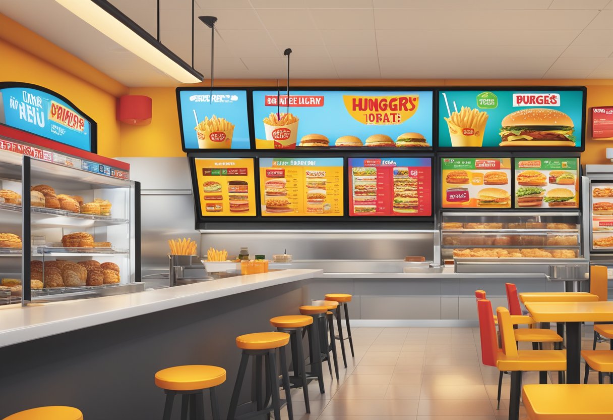 The Hungry Jacks menu prices are displayed on a digital screen, with bold and colorful text, surrounded by images of delicious burgers, fries, and drinks
