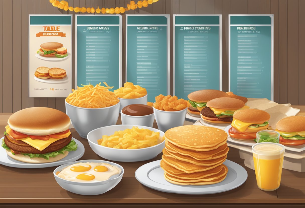 A table set with a variety of breakfast items from Hungry Jacks, including pancakes, hash browns, and breakfast sandwiches, with prices displayed on a menu board in the background