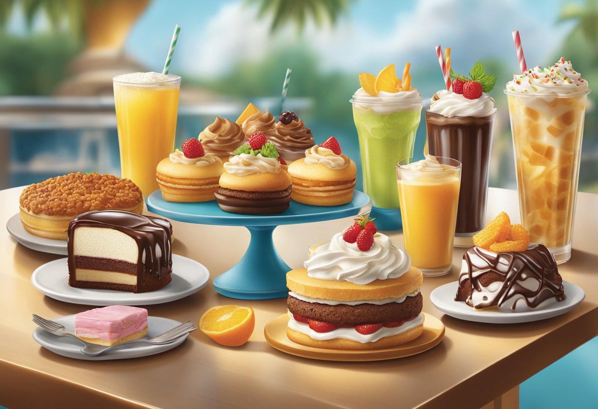 A table filled with decadent desserts and refreshing beverages from the Hungry Jacks menu, creating a blissful and mouth-watering scene