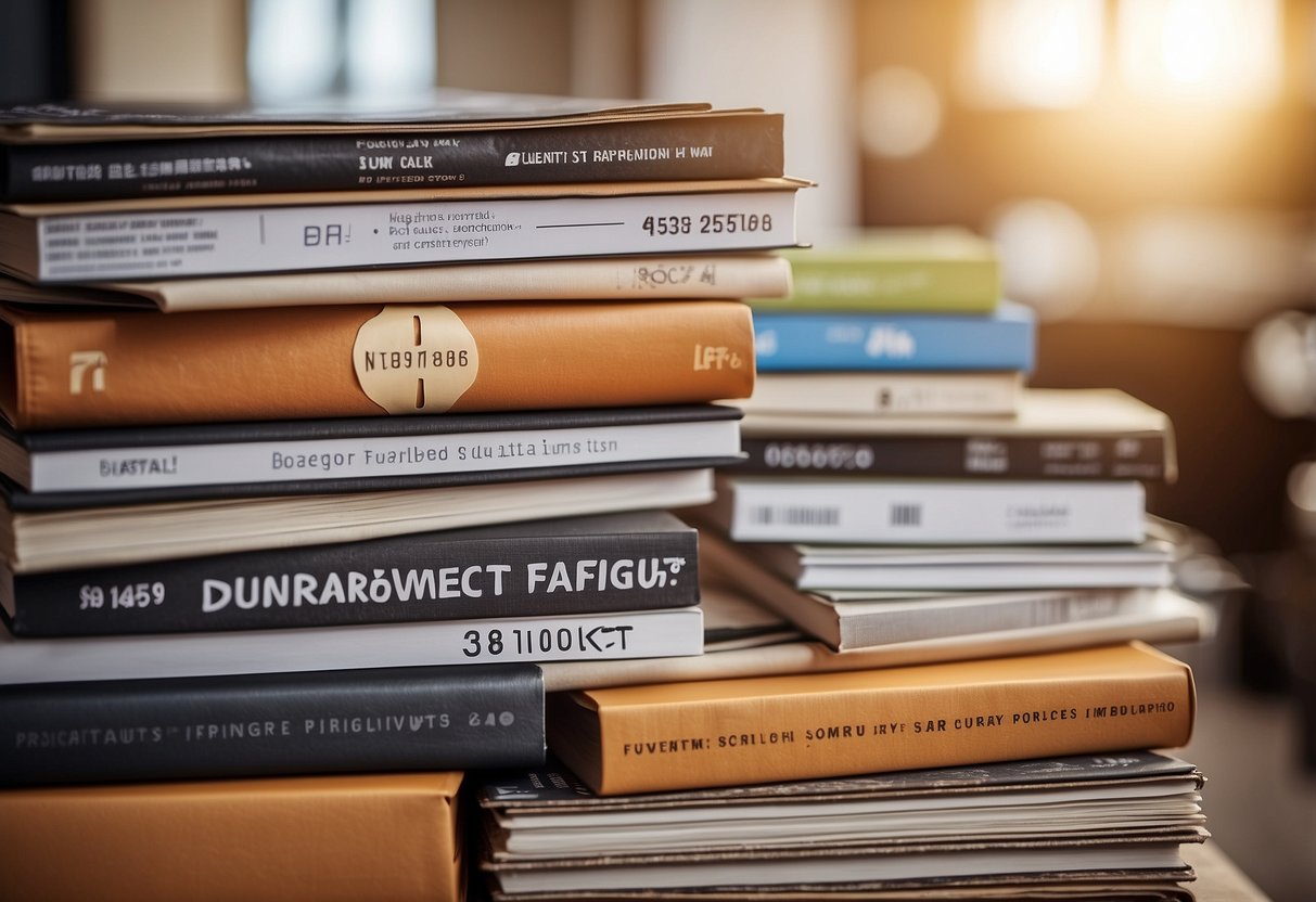 A stack of furniture catalogs with "Frequently Asked Questions" highlighted, surrounded by promotional banners and discount tags