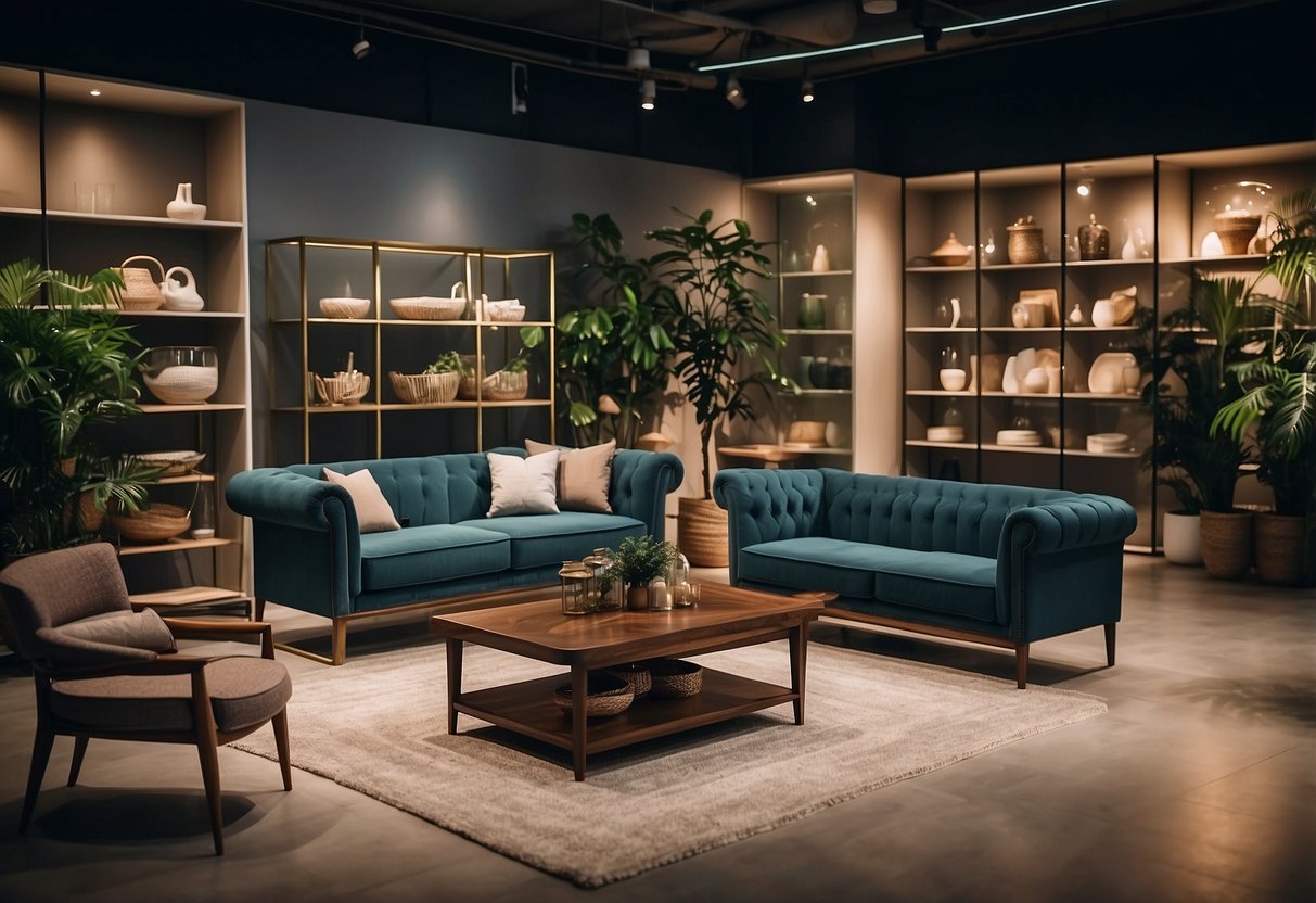 A well-lit furniture shop in Singapore displays modern and traditional pieces. The showroom is spacious and organized, with neatly arranged sofas, tables, and chairs