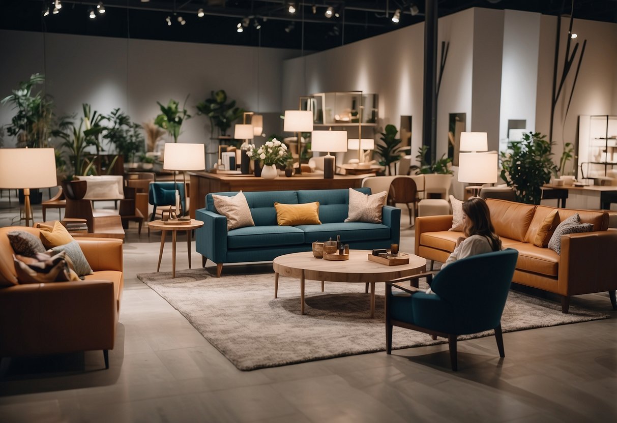 Customers browsing modern and traditional furniture in a spacious, well-lit showroom with a variety of styles and designs