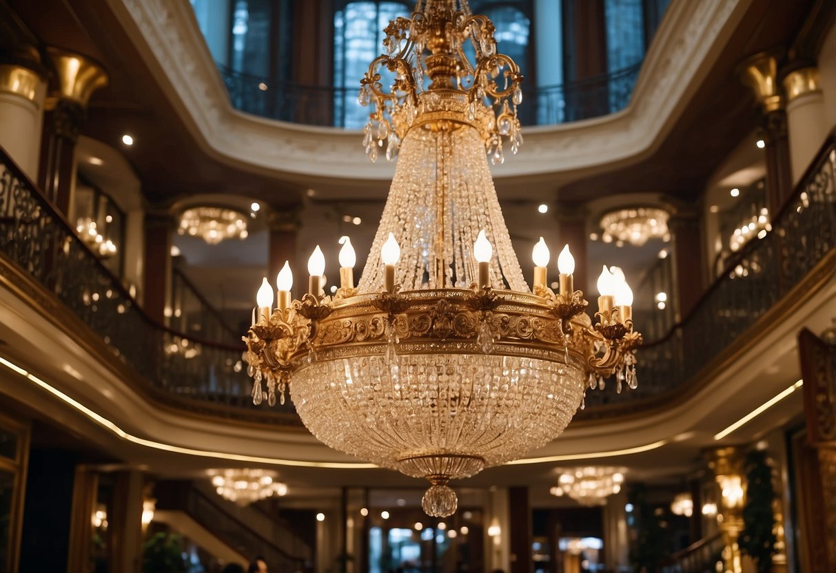 A grand chandelier illuminates the opulent display of luxurious furniture, adorned with intricate carvings and rich fabrics, in the divine furniture store