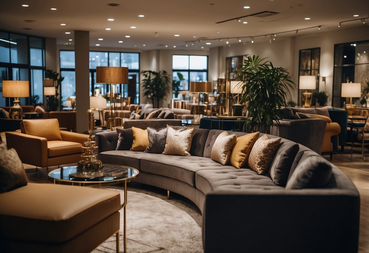 Customers browsing luxurious furniture in Divine Furniture Collections store. Rich textures and elegant designs fill the showroom