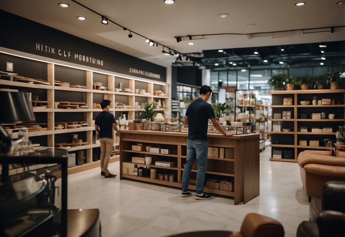 A bustling furniture shop in Singapore with customers browsing, shelves stocked with various items, and a helpful staff member assisting a customer