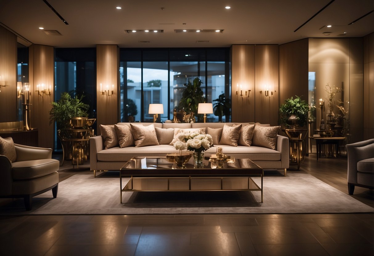 The elegant showroom glows with warm lighting, showcasing bespoke furniture pieces. Intricate details and exquisite craftsmanship are evident in every customised item on display
