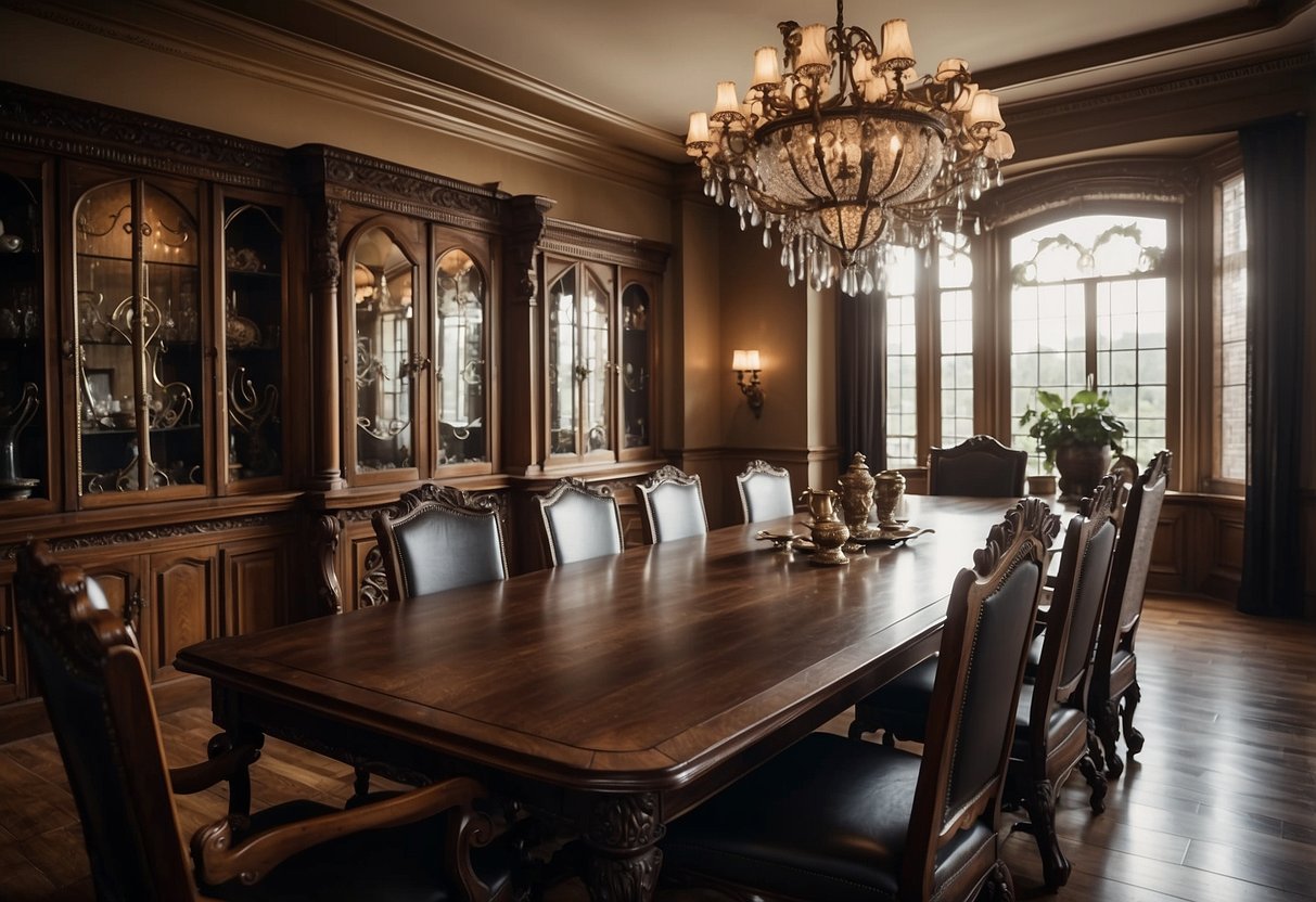 A room with a large wooden table, ornate chairs, and a carved cabinet. The furniture features intricate details and dark wood finishes
