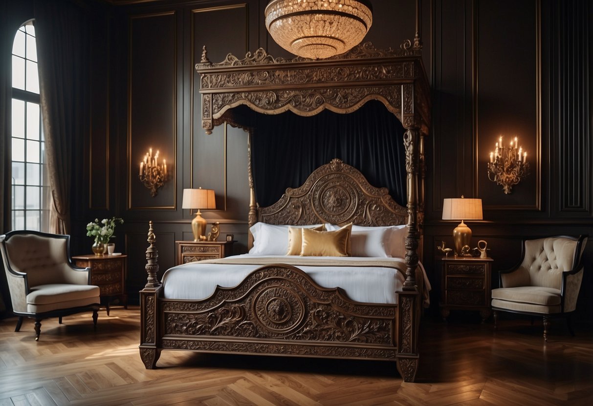 A room filled with dark wood furniture, ornate carvings, and brass hardware. A large, intricately carved bed takes center stage, surrounded by matching chairs and tables