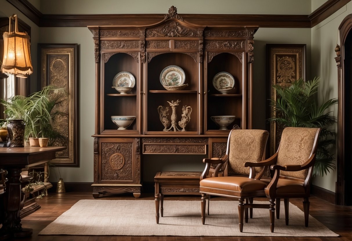 A room with a display of Dutch colonial furniture styles, including tables, chairs, and cabinets, showcasing intricate carving and ornate details