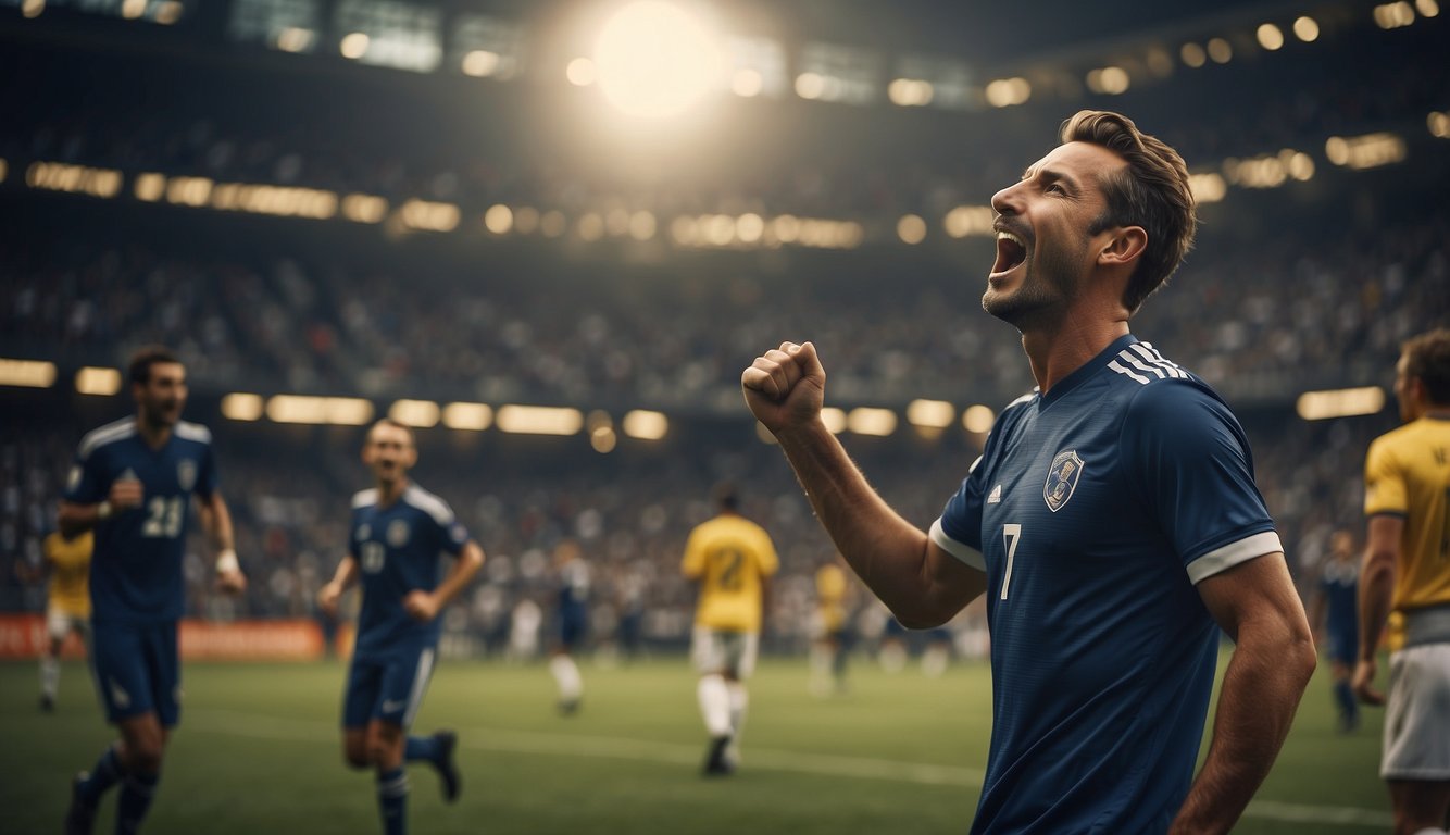 A soccer team celebrates a goal, while a tennis player serves. The crowd cheers in the background