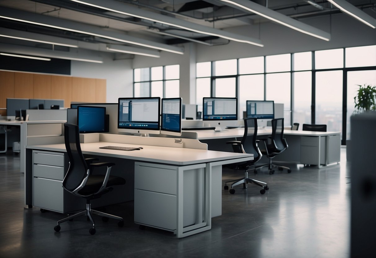 A modern office with sleek desks, ergonomic chairs, and stylish storage units from top office furniture brands