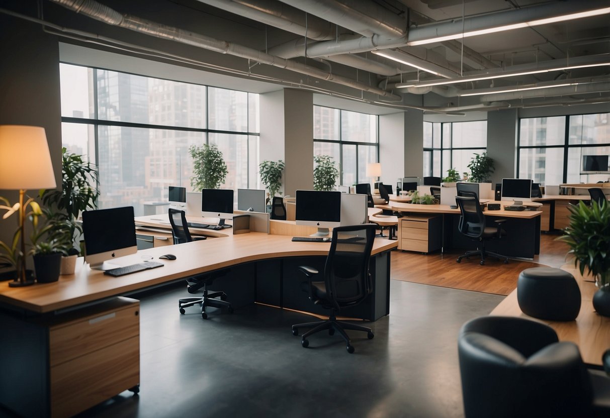An office scene with ergonomic chairs, adjustable desks, and cozy seating from top furniture brands