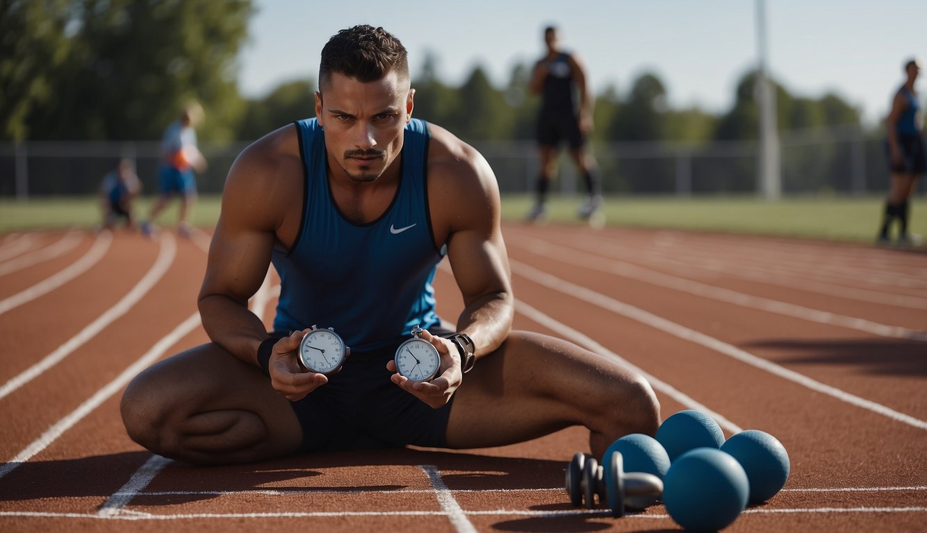 An athlete practices alone, focused and determined. Equipment and a stopwatch sit nearby, highlighting the individual nature of the sport