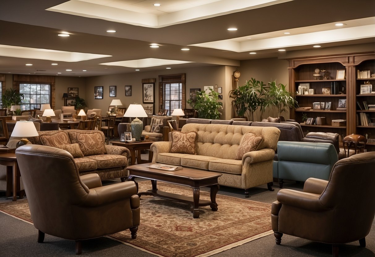 A room with a variety of fauld furniture, including chairs, tables, and shelves, with a sign reading "Frequently Asked Questions" prominently displayed