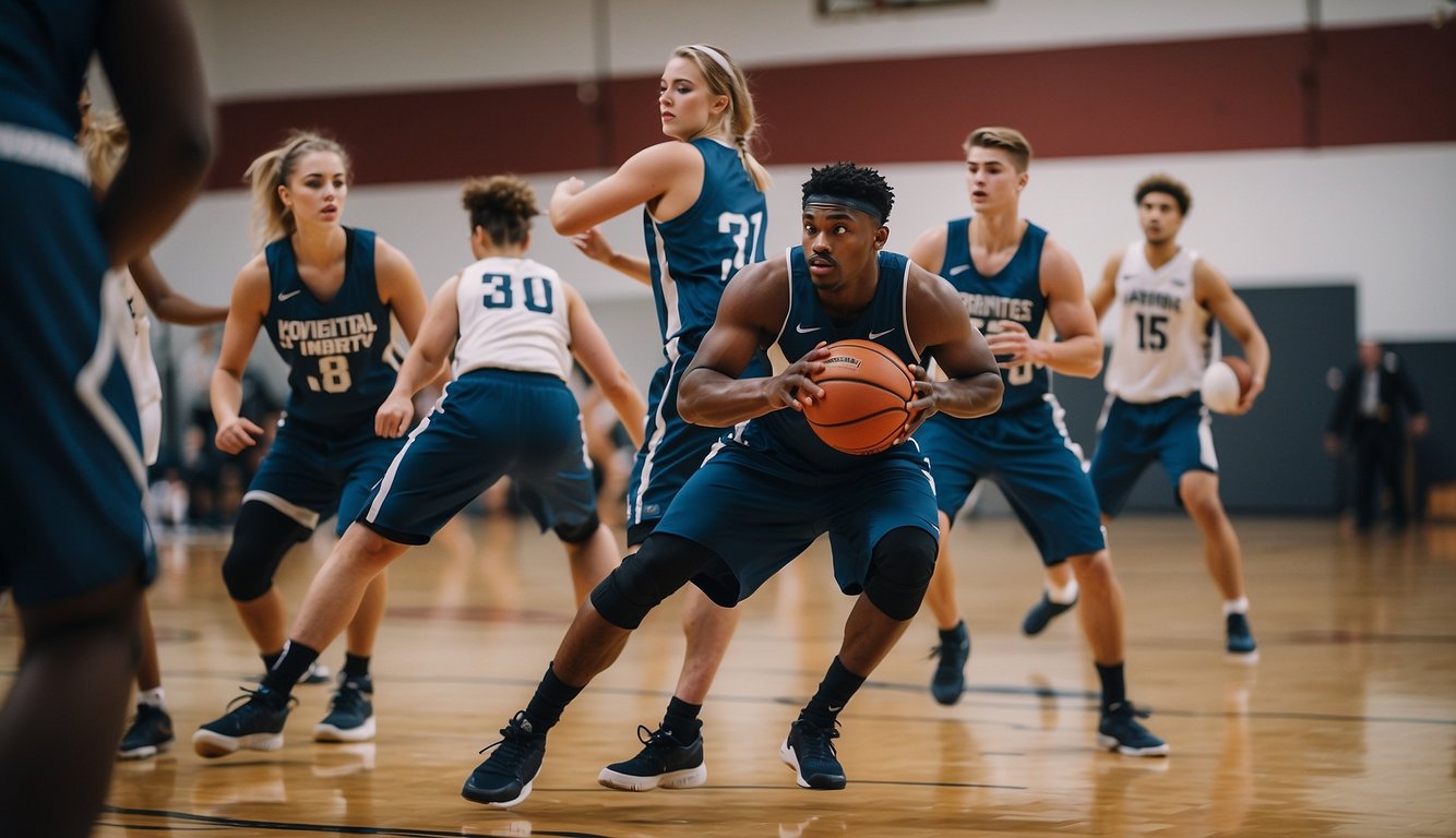 Athletes engage in team and individual sports, practicing skills like passing, shooting, and defending. The team works together, while individuals focus on personal improvement