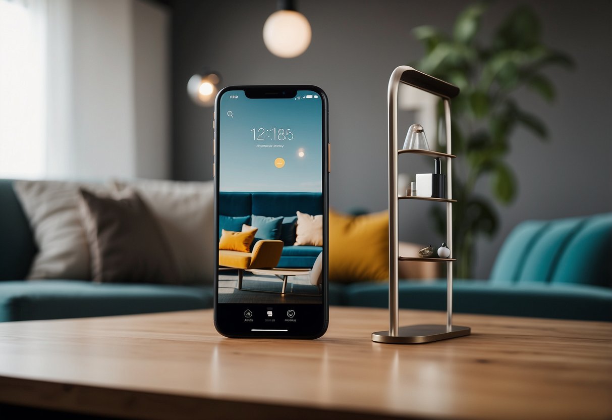 A smartphone with the Flutter Furniture app open, showing a variety of furniture items displayed in a modern and sleek interface