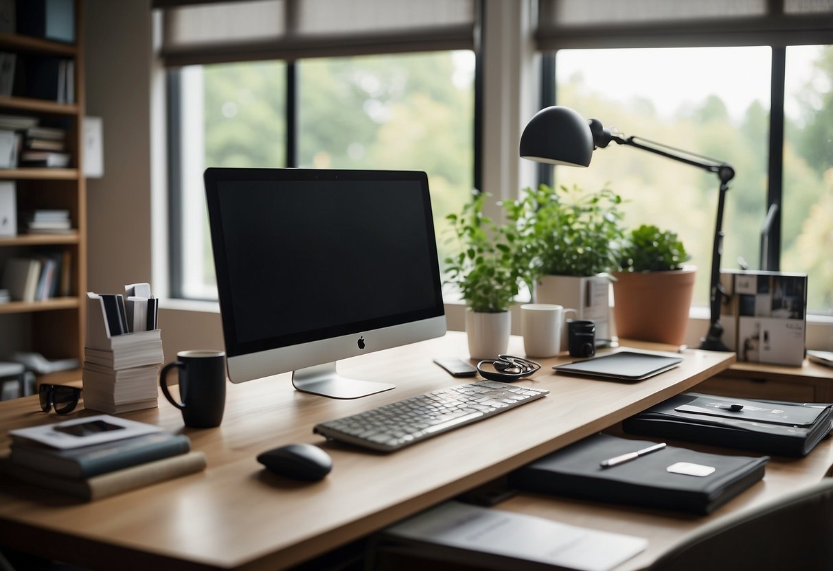 A desk with a computer and phone, surrounded by furniture catalogs and design tools. A large window lets in natural light, creating a bright and inviting workspace