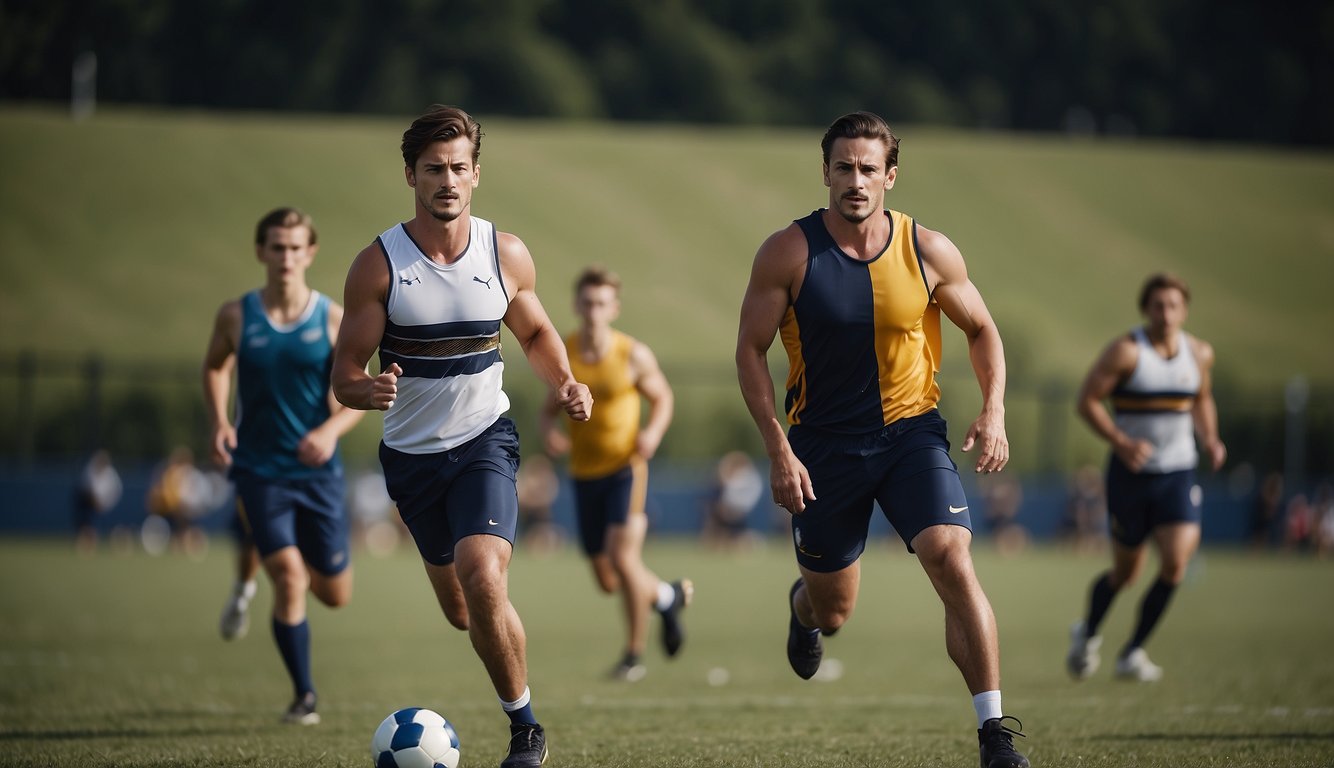 A group of people playing team sports on a field, while others engage in individual sports like running or swimming. The team sports players are working together, while the individual athletes are focused on their own performance