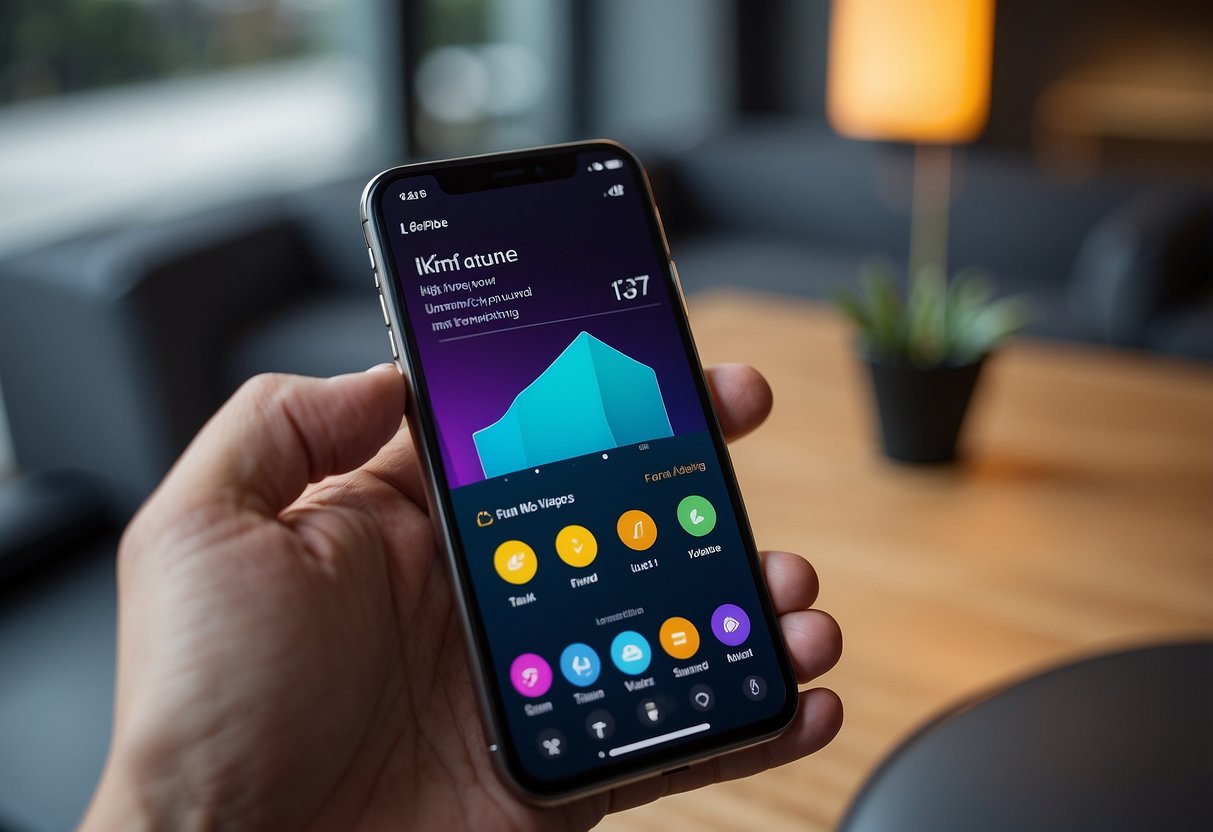 A smartphone displaying a sleek, modern furniture app UI with clean lines, vibrant colors, and intuitive navigation