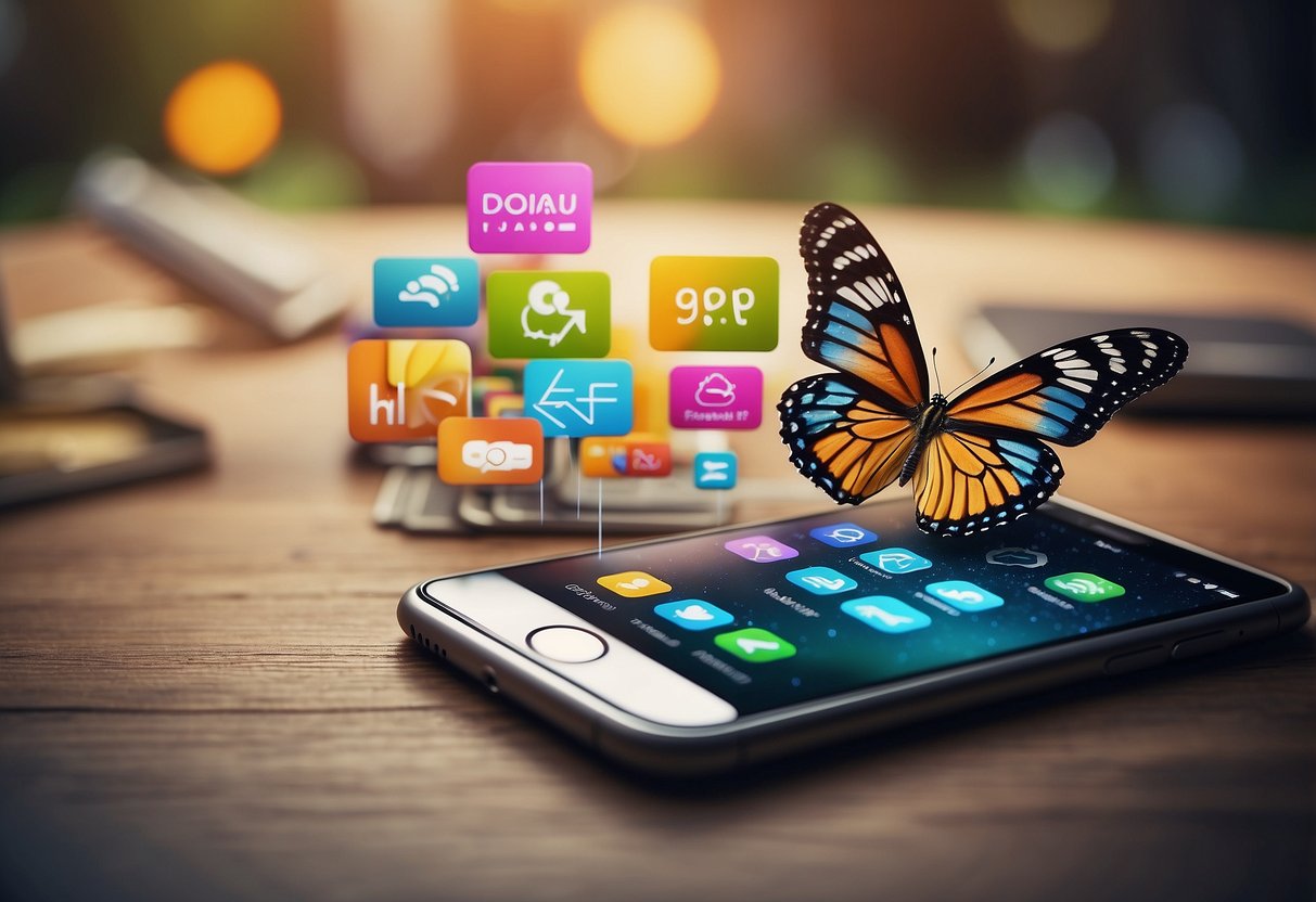 The app icon features a colorful fluttering butterfly above the words "Frequently Asked Questions" and "furniture app"