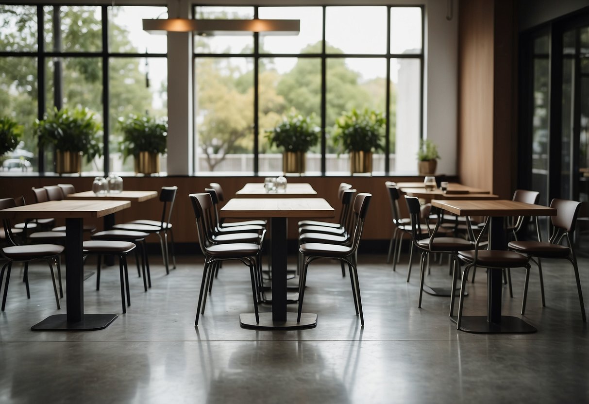 Modern cafe furniture: sleek metal chairs, wooden tables, pendant lighting, and a polished concrete floor
