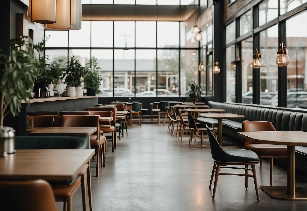 A sleek, minimalist cafe with clean lines and neutral colors. The furniture is a mix of mid-century modern and industrial styles, featuring metal and wood materials