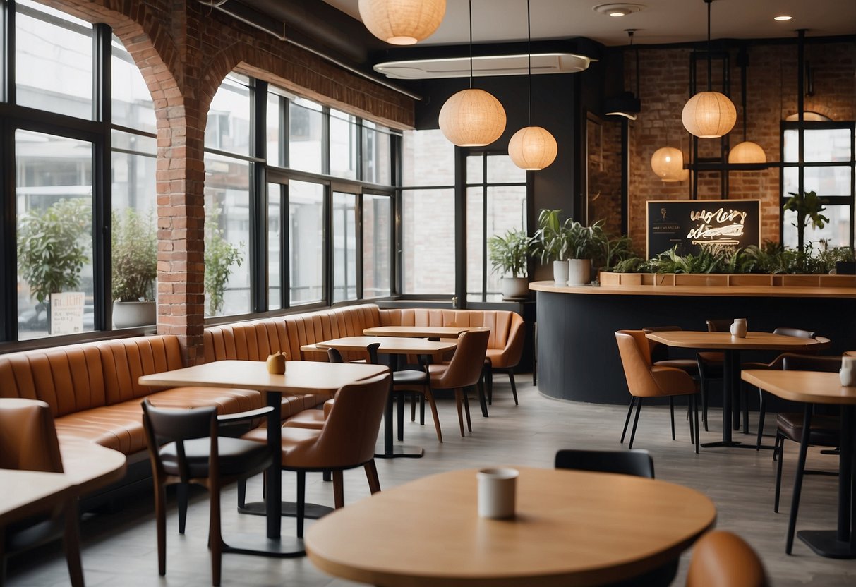 A modern cafe with sleek, ergonomic chairs and tables, soft cushions, and ample space for movement. Bright, natural lighting and a cozy ambiance enhance the overall comfort and functionality of the seating area
