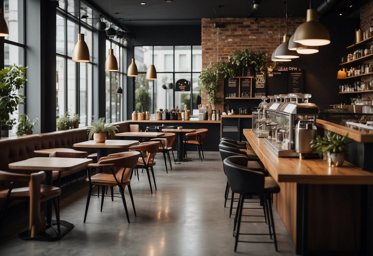 Modern cafe furniture arranged neatly, with sleek tables and chairs, a stylish barista station, and a display of trendy decor items