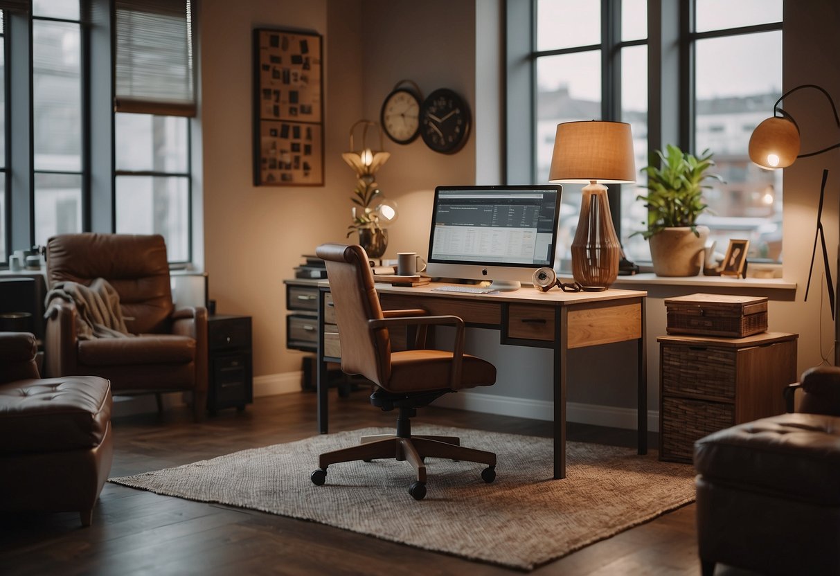 A room with a mix of modern and vintage furniture, a budget spreadsheet on a desk, and a person comparing prices online