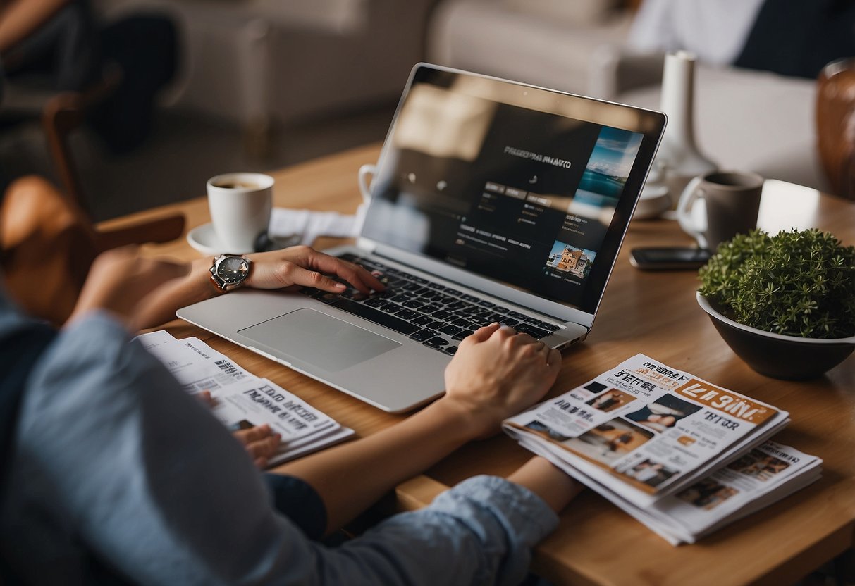 A person sitting at a table, surrounded by home decor magazines and a laptop. They are calculating their furniture budget for their new home